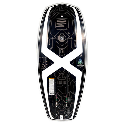 Hyperlite Starship Wake Foil Board 2027, black and gold circuit graphics, white X and marked foil mounting tracks