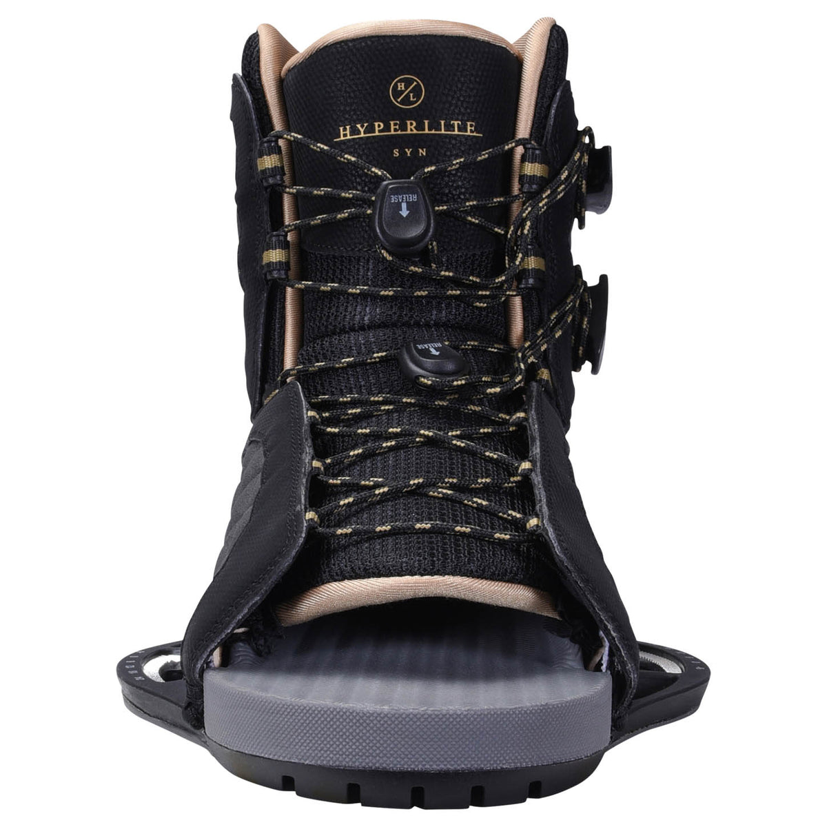 Hyperlite Syn Wakeboard Bindings 2027, gold-flecked dual laces, black tongue and open toe viewed from the front