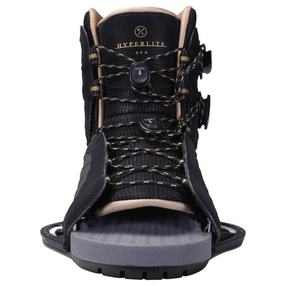 Hyperlite Syn Wakeboard Bindings 2027, gold-flecked dual laces, black tongue and open toe viewed from the front