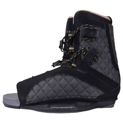 Hyperlite Syn Wakeboard Bindings 2027, charcoal quilted inner side, gold-flecked laces and gray footbed