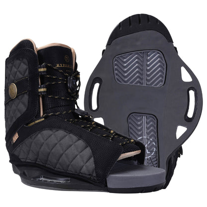 Hyperlite Syn Wakeboard Bindings 2027, charcoal quilted binding with gold accents beside its gray outsole