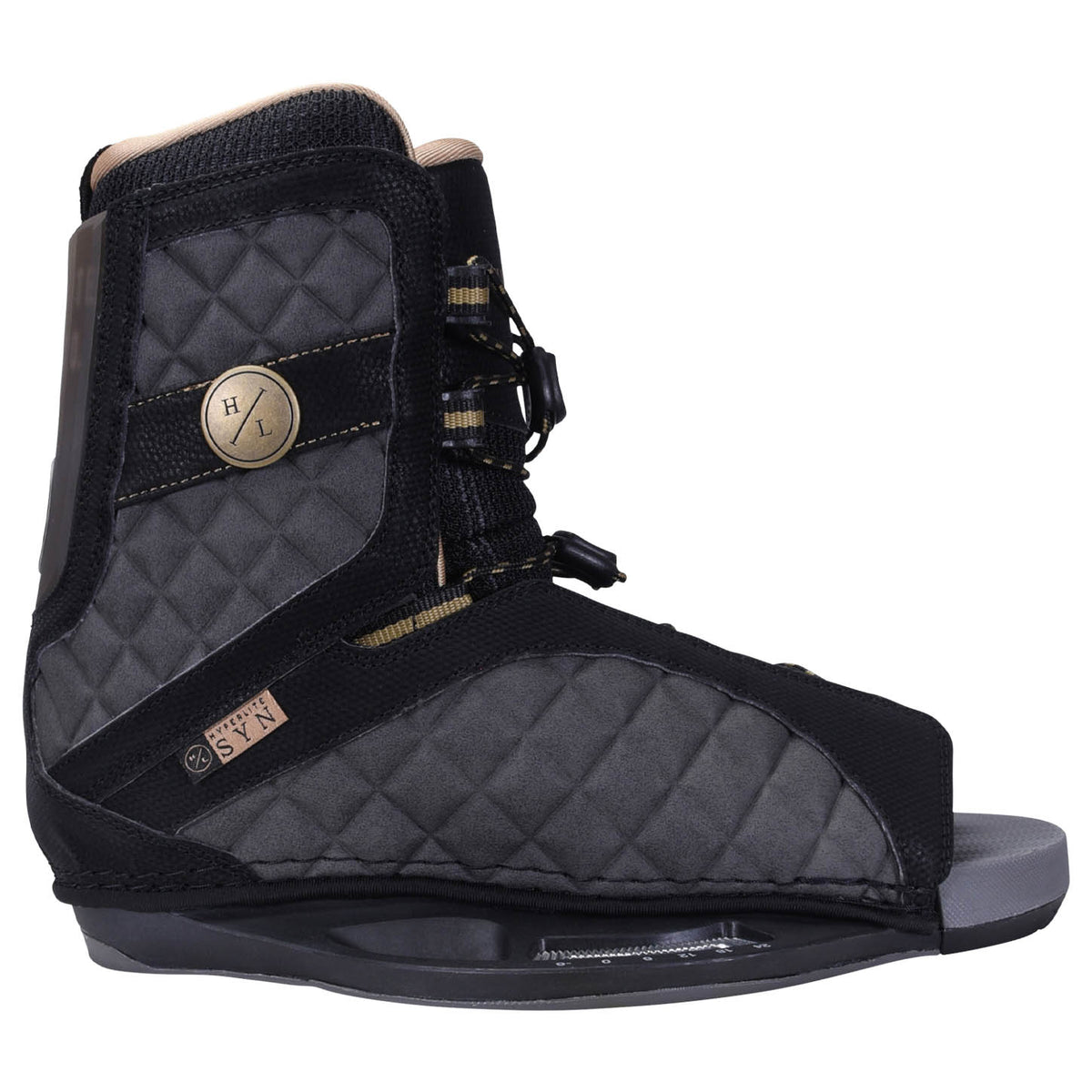 Hyperlite Syn Wakeboard Bindings 2027, charcoal quilted outer side with gold logo disc and gray footbed