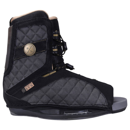 Hyperlite Syn Wakeboard Bindings 2027, charcoal quilted outer side with gold logo disc and gray footbed