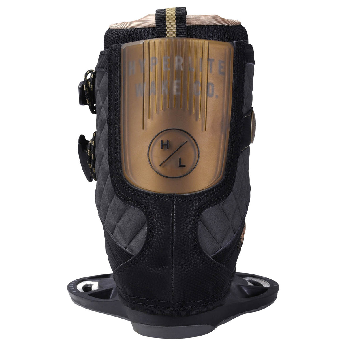 Hyperlite Syn Wakeboard Bindings 2027, metallic gold rear panel and charcoal heel viewed from the rear