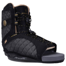 Hyperlite Syn Wakeboard Bindings 2027, charcoal quilted open-toe boot with gold accents and gray footbed