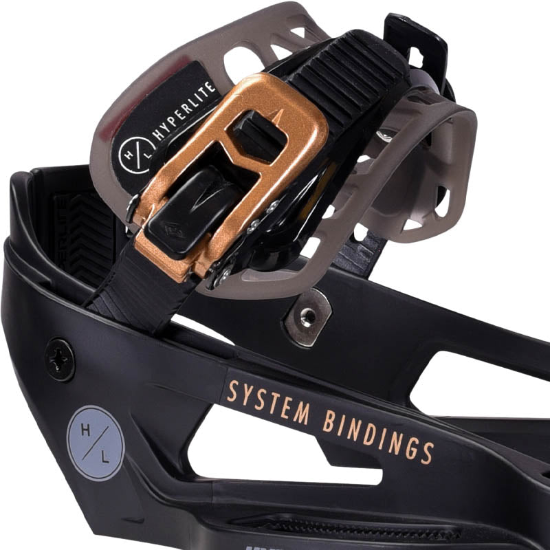 Hyperlite System Lowback Wakeboard Bindings 2027 in Black, gold ankle buckle, black ladder strap and gray Flexion Ankle Strap detail
