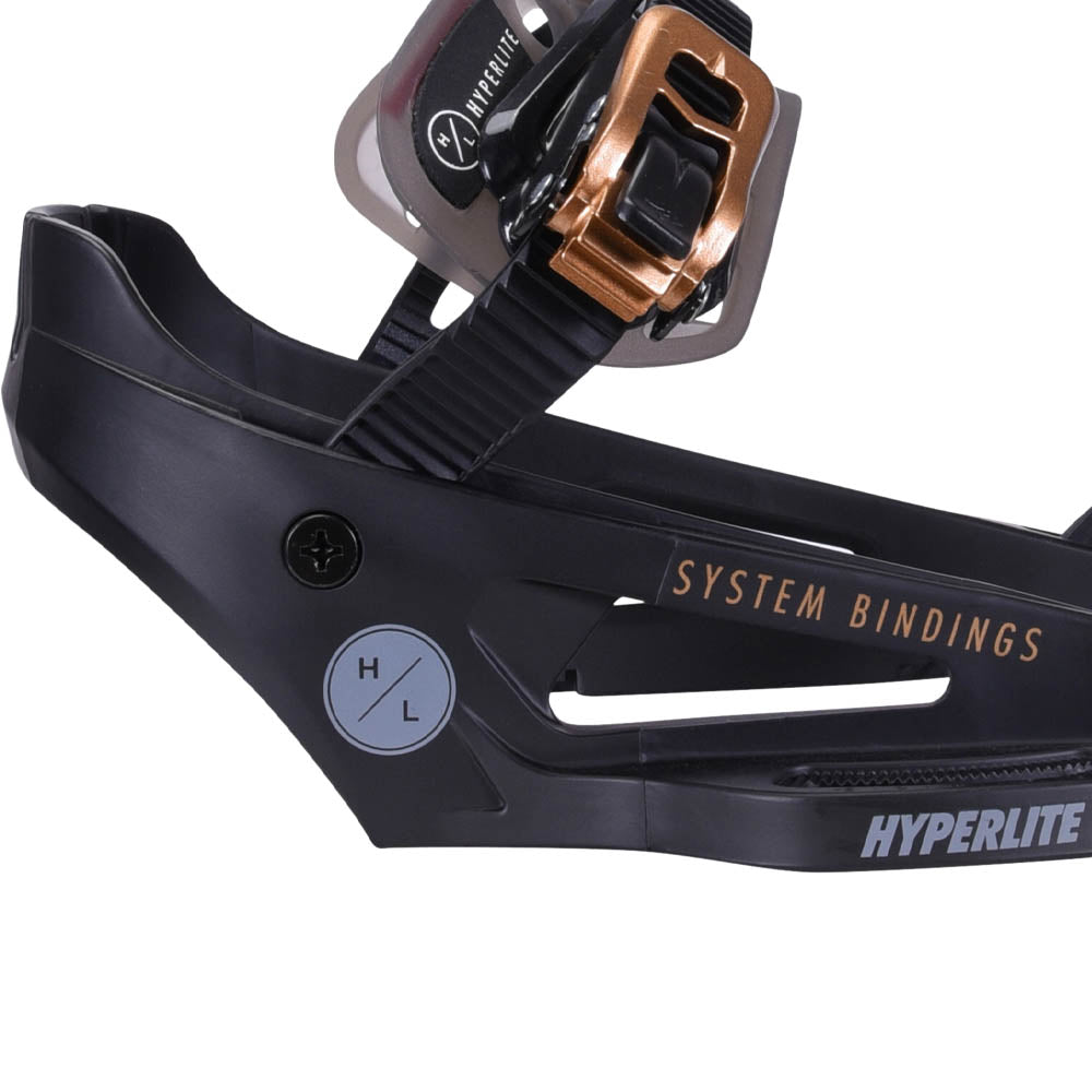 Hyperlite System Lowback Wakeboard Bindings 2027 in Black, black open chassis, low heel frame and System Bindings lettering detail