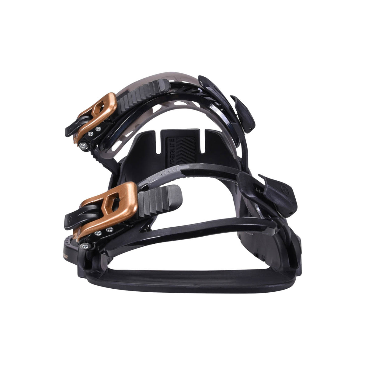 Hyperlite System Lowback Wakeboard Bindings 2027 in Black, gold toe and ankle buckles on the black chassis viewed from the front