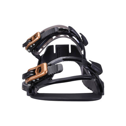 Hyperlite System Lowback Wakeboard Bindings 2027 in Black, gold toe and ankle buckles on the black chassis viewed from the front