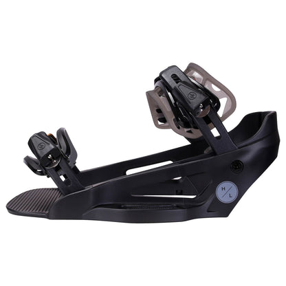 Hyperlite System Lowback Wakeboard Bindings 2027 in Black, open black chassis and adjustable ankle and toe straps viewed from the inner side