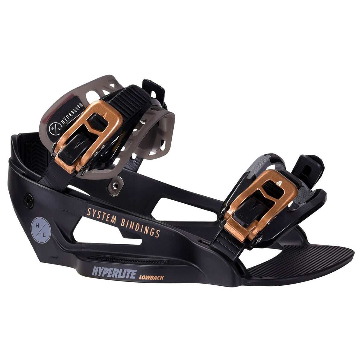 Hyperlite System Lowback Wakeboard Bindings 2027 in Black, black lowback chassis with gold ankle and toe buckles in a three-quarter view