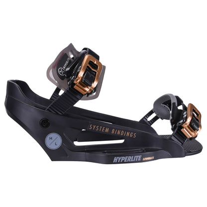 Hyperlite System Lowback Wakeboard Bindings 2027 in Black, black chassis, gold buckles and System Bindings lettering