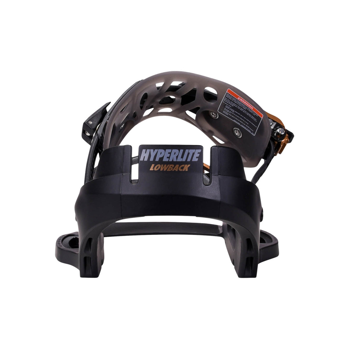 Hyperlite System Lowback Wakeboard Bindings 2027 in Black, black low heel frame and Hyperlite Lowback logo viewed from the rear