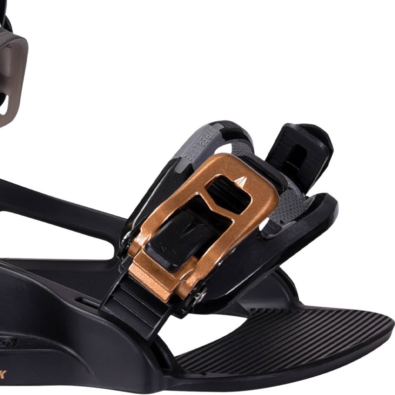 Hyperlite System Lowback Wakeboard Bindings 2027 in Black, gold toe buckle, adjustable toe strap and ribbed toe platform detail