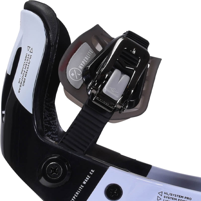 Hyperlite System Pro Wakeboard Bindings 2027, silver ankle buckle, black ankle strap and highback detail