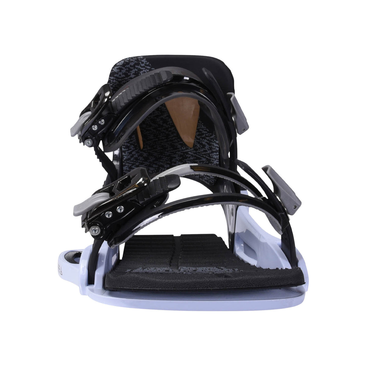 Hyperlite System Pro Wakeboard Bindings 2027, black toe and ankle straps over the white chassis viewed from the front
