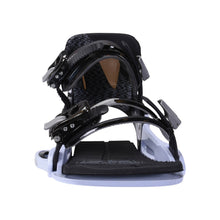 Hyperlite System Pro Wakeboard Bindings 2027, black toe and ankle straps over the white chassis viewed from the front