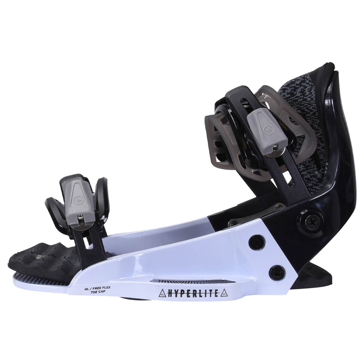 Hyperlite System Pro Wakeboard Bindings 2027, white chassis, black highback and adjustable straps viewed from the inner side