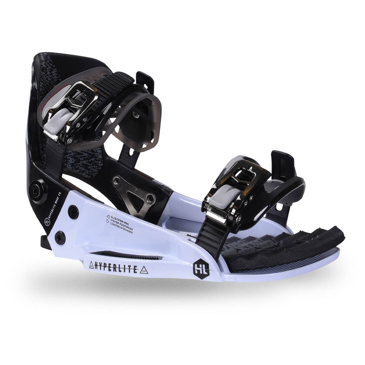 Hyperlite System Pro Wakeboard Bindings 2027, black highback and straps, silver buckles and white chassis in a three-quarter view
