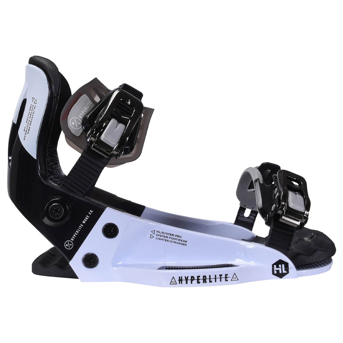 Hyperlite System Pro Wakeboard Bindings 2027, white chassis, black highback, silver buckles and open footpad