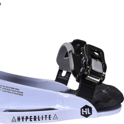 Hyperlite System Pro Wakeboard Bindings 2027, silver toe buckle, adjustable toe strap and white platform detail
