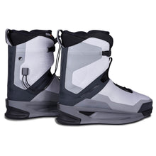 Hyperlite ZERO 02 Wakeboard Bindings 2027, white and gray pair with black cuffs in a rear three-quarter view