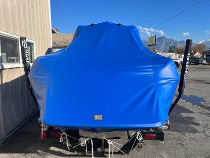 Malibu 247 with Illusion G3 tower and factory bimini Double Up Storage Cover - BoardCo