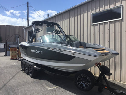 MasterCraft X24 with ZFT8 - ZFT10 tower and factory bimini Double Up Storage Cover - BoardCo