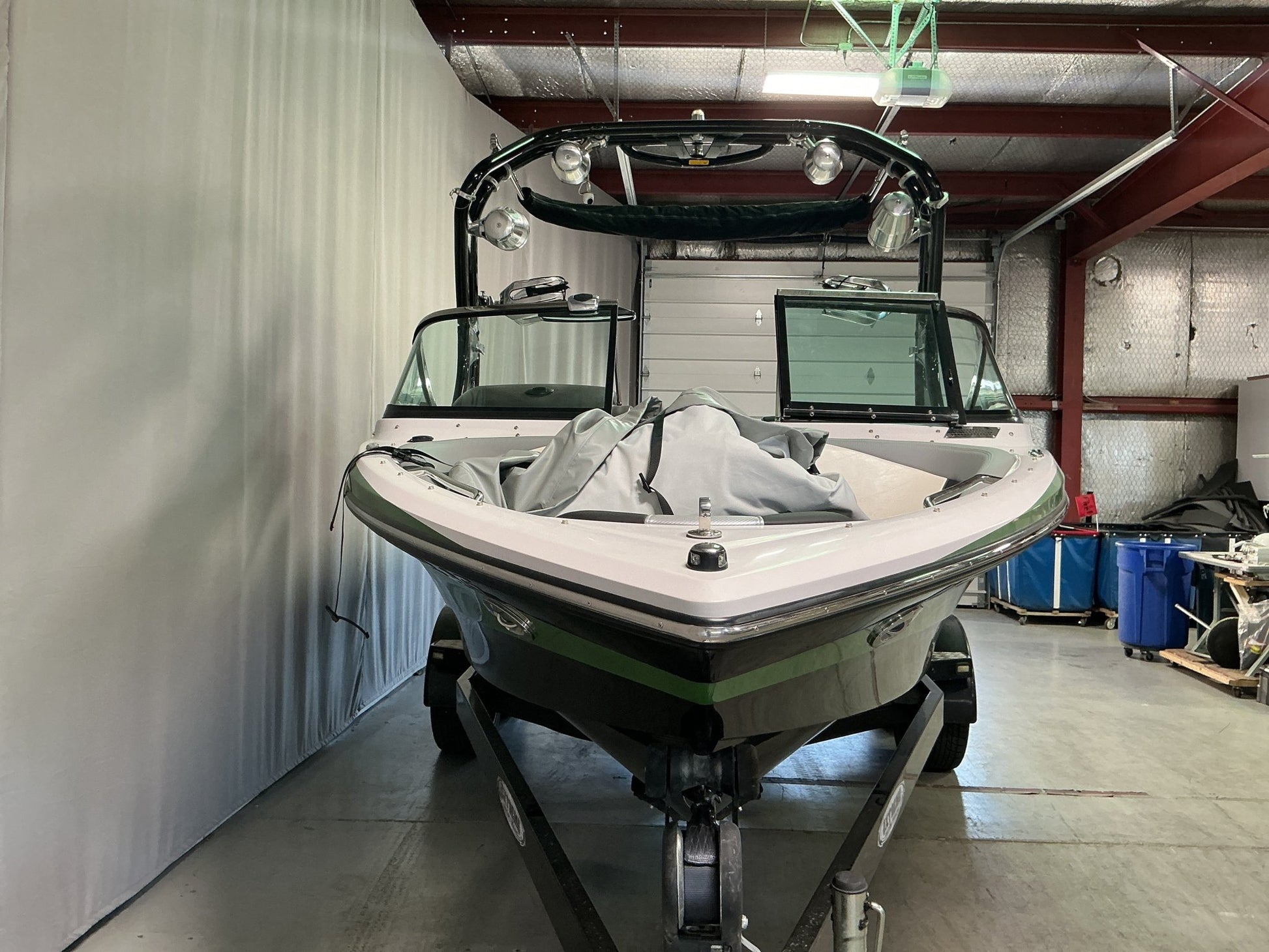 Nautique 210 with FCT - 3 Tower and Sewlong Bimini Double Up Storage Cover - BoardCo