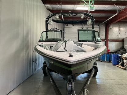 Nautique 210 with FCT - 3 Tower and Sewlong Bimini Double Up Storage Cover - BoardCo