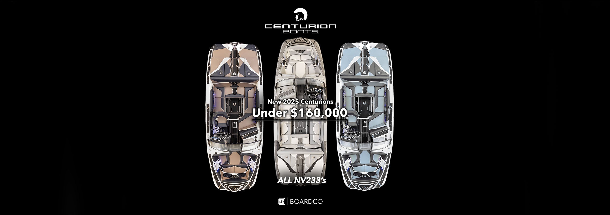 Three boat models displayed side by side with Centurion logo and price information on a black background.