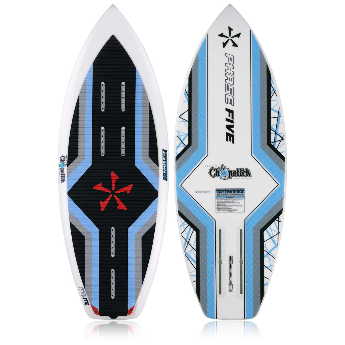 Phase 5 Chopstick Wake Foil Board 2027 – deck and bottom views on white