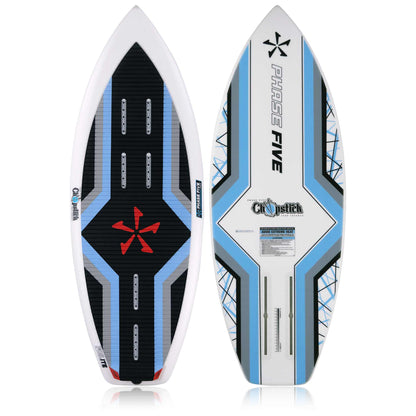 Phase 5 Chopstick Wake Foil Board 2027 – deck and bottom views on white
