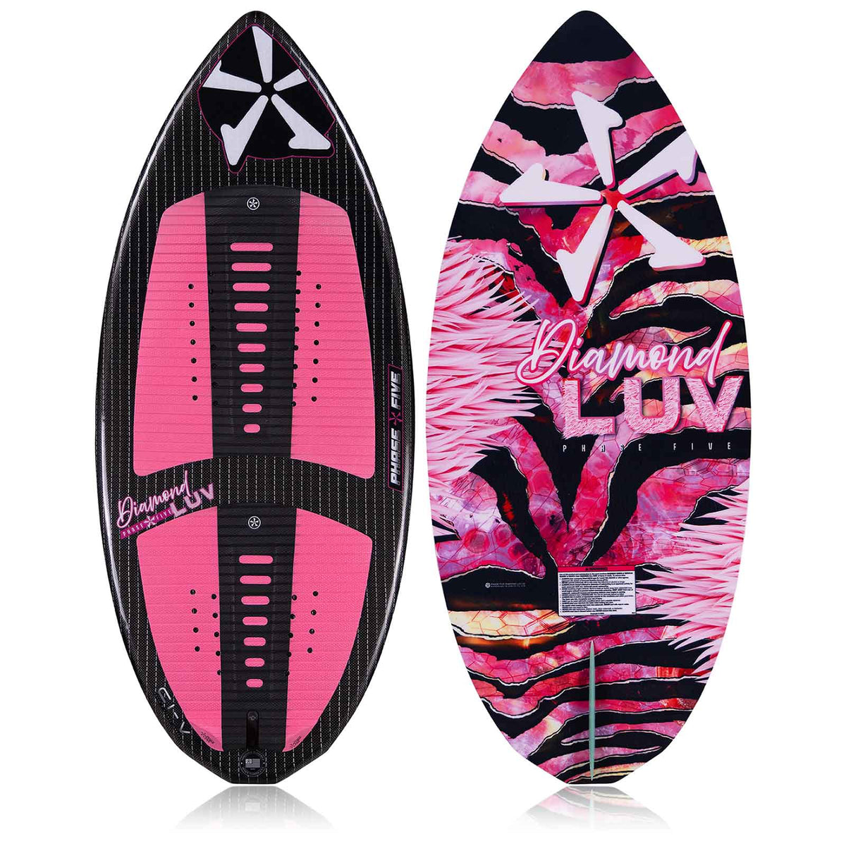 Phase 5 Diamond LUV Wakesurf Board 2027 – deck and bottom views on white