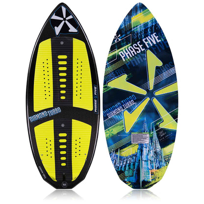 Phase 5 Diamond Turbo Wakesurf Board 2027 – deck and bottom views on white