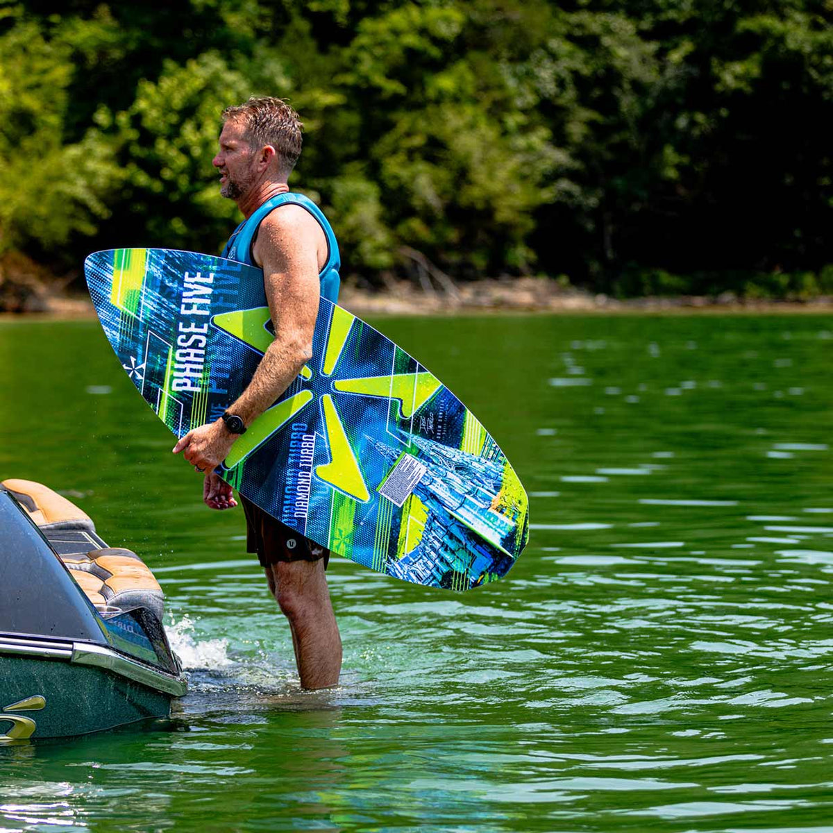 Phase 5 Diamond Turbo Wakesurf Board 2027 – board and rider outdoors