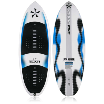 Phase 5 Elixir Wakesurf Board 2027 – deck and bottom views on white