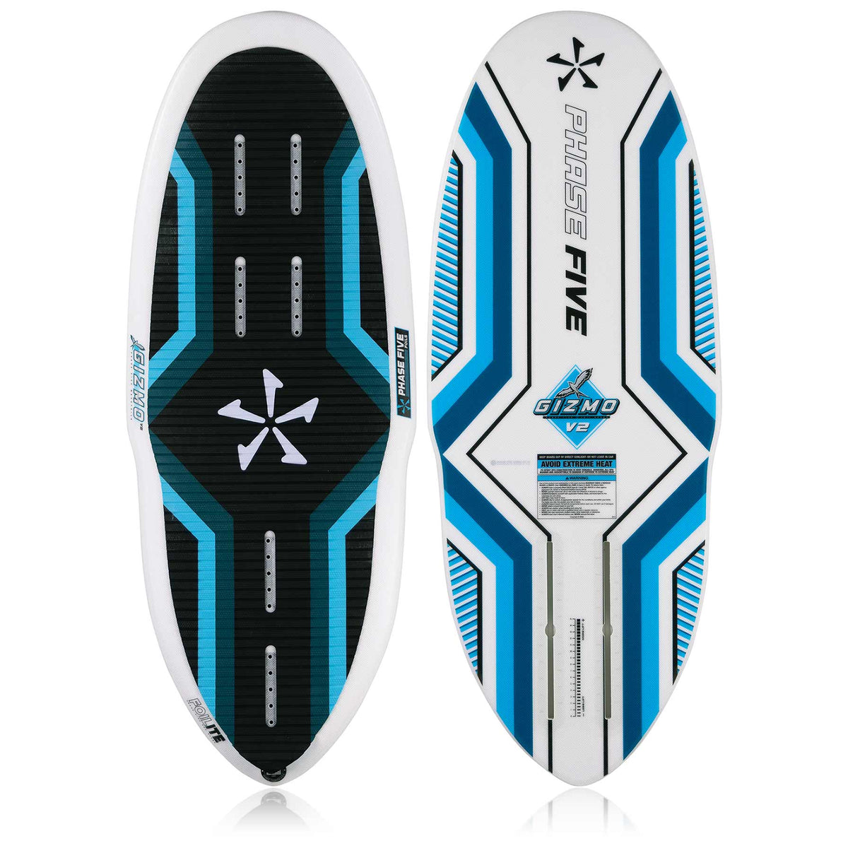 Phase 5 Gizmo V2 Wake Foil Board 2027 – deck and bottom views on white