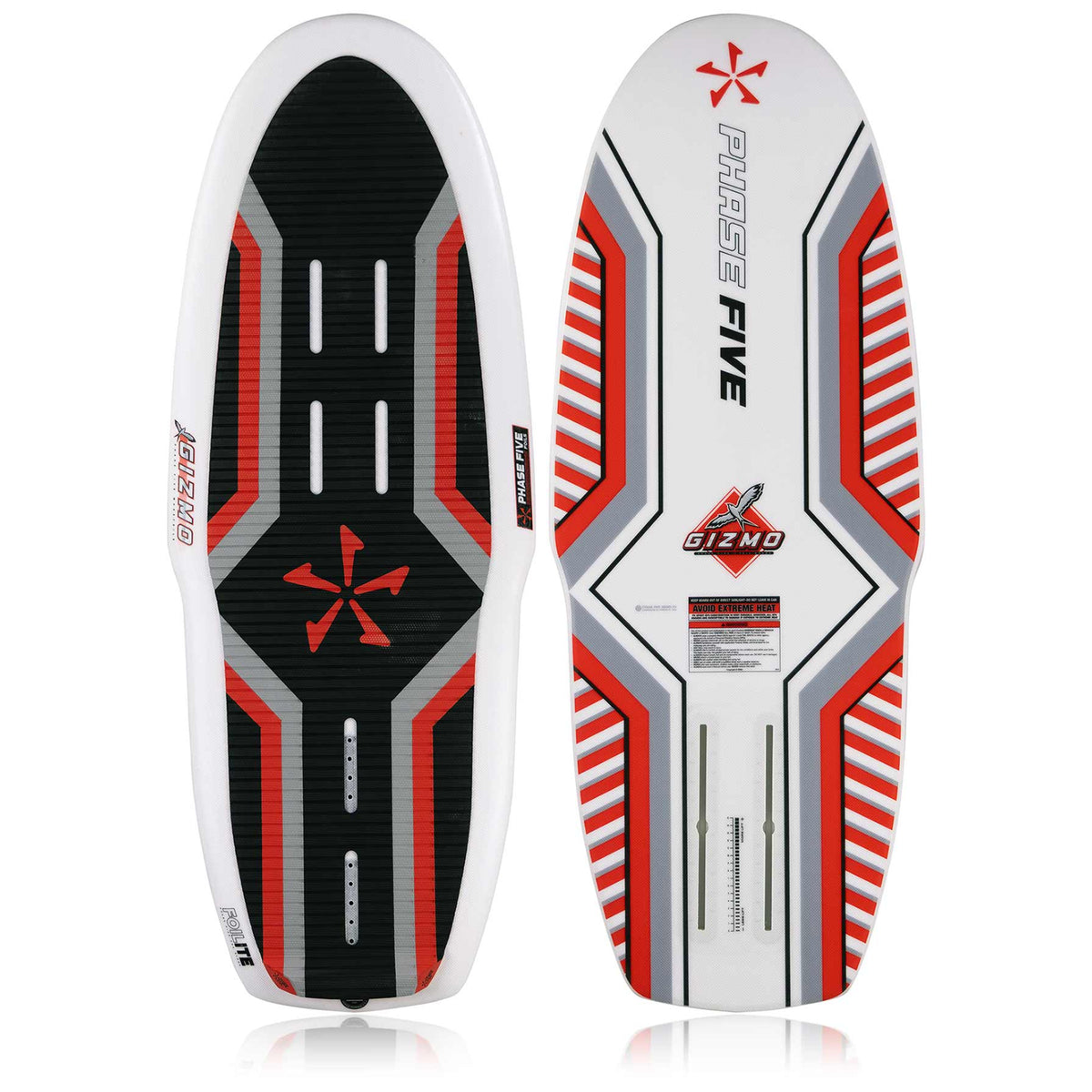 Phase 5 Gizmo Wake Foil Board 2027 – deck and bottom views on white