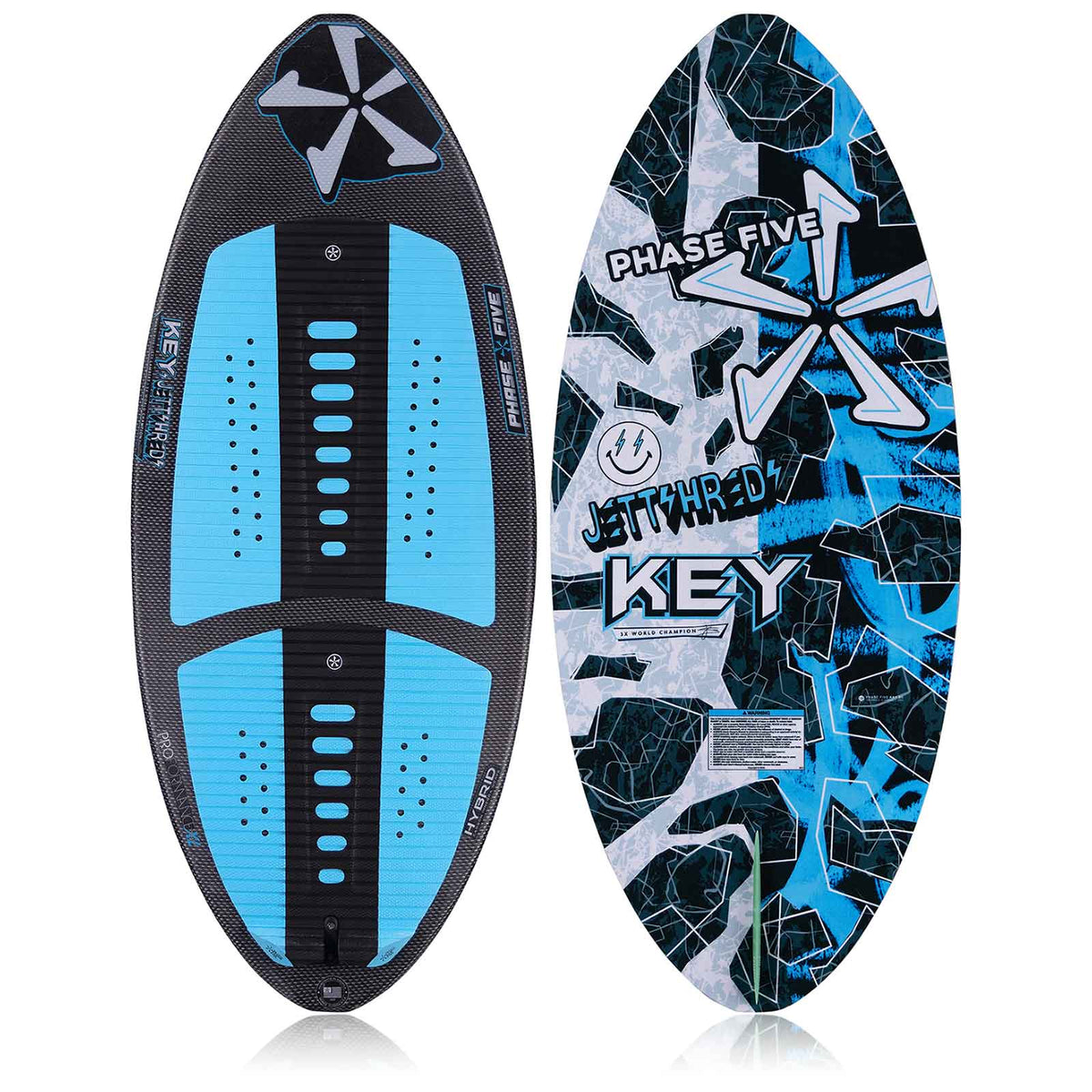 Phase 5 Key Jett Shreds Wakesurf Board 2027 – deck and bottom views on white