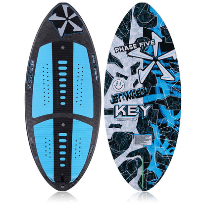 Phase 5 Key Jett Shreds Wakesurf Board 2027 – deck and bottom views on white