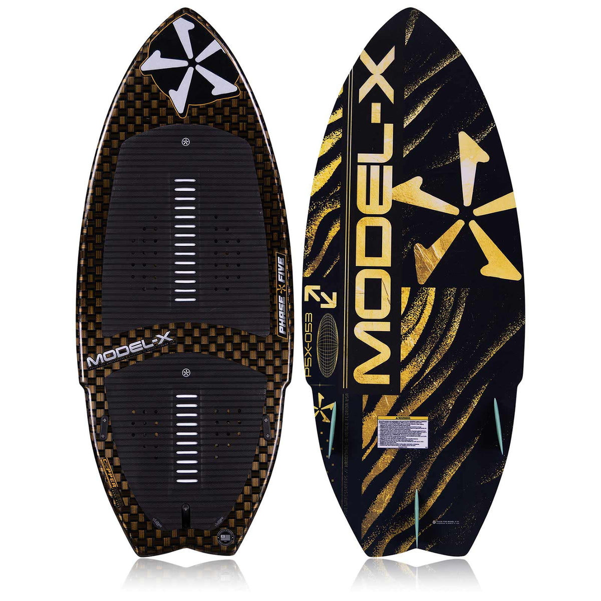 Phase 5 Model X LTD Wakesurf Board 2027 – deck and bottom views on white