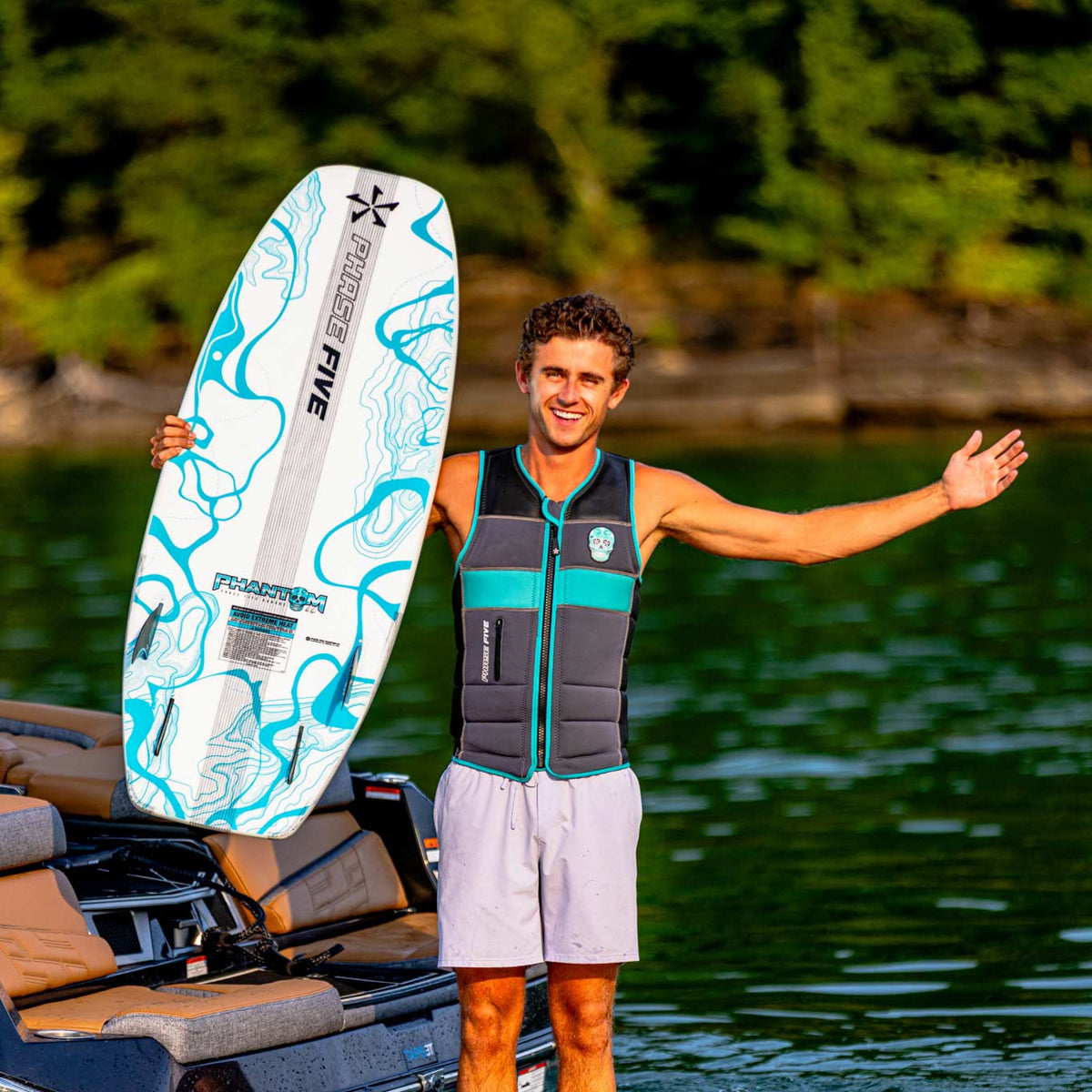 Phase 5 Phantom Wakesurf Board 2027 – board and rider outdoors