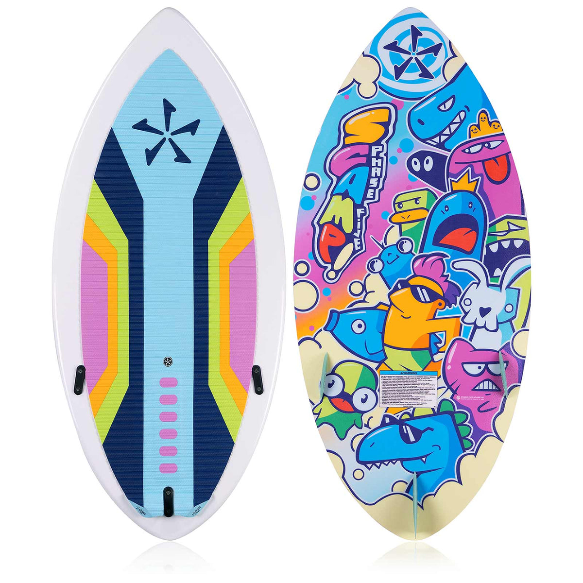 Phase 5 Scamp CL Wakesurf Board 2027 – deck and bottom views on white