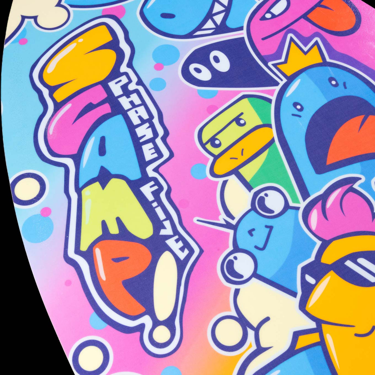 Phase 5 Scamp CL Wakesurf Board 2027 – colorful cartoon bottom artwork and Phase Five lettering in close-up