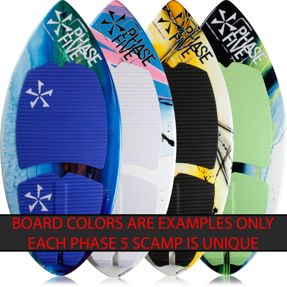 Phase Five Scamp wakesurf board in different colors.