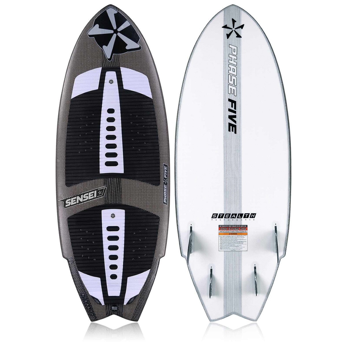 Phase 5 Sensei Stealth Wakesurf Board 2027 – deck and bottom views on white