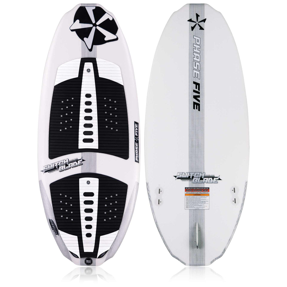 Phase 5 Switchblade Wakesurf Board 2027 – deck and bottom views on white