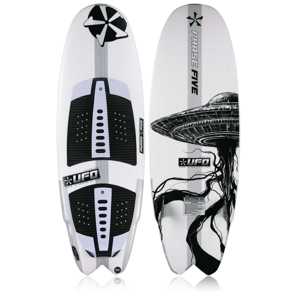Phase 5 UFO Wakesurf Board 2027 – deck and bottom views on white