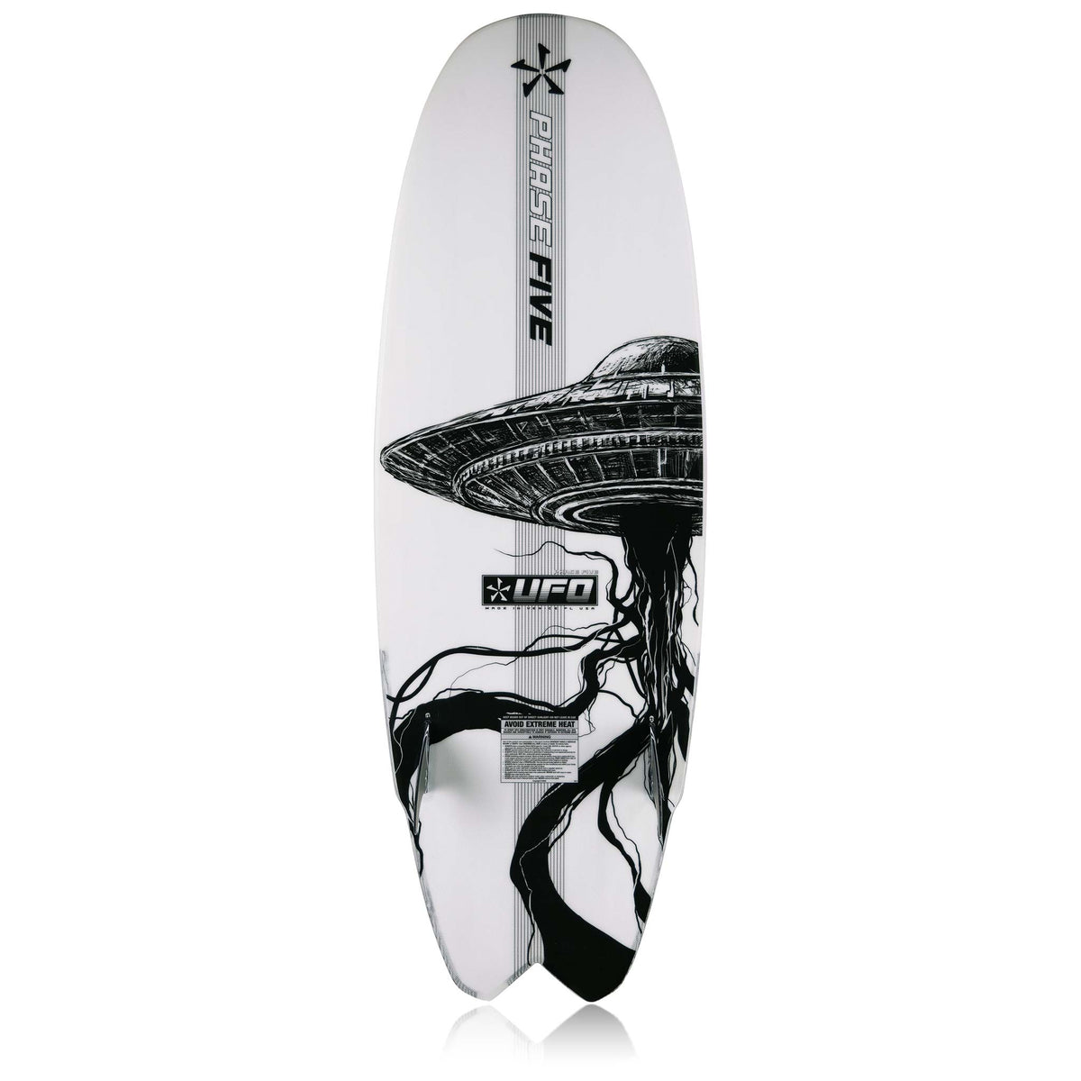 Phase 5 UFO Wakesurf Board 2027 – complete bottom view on white